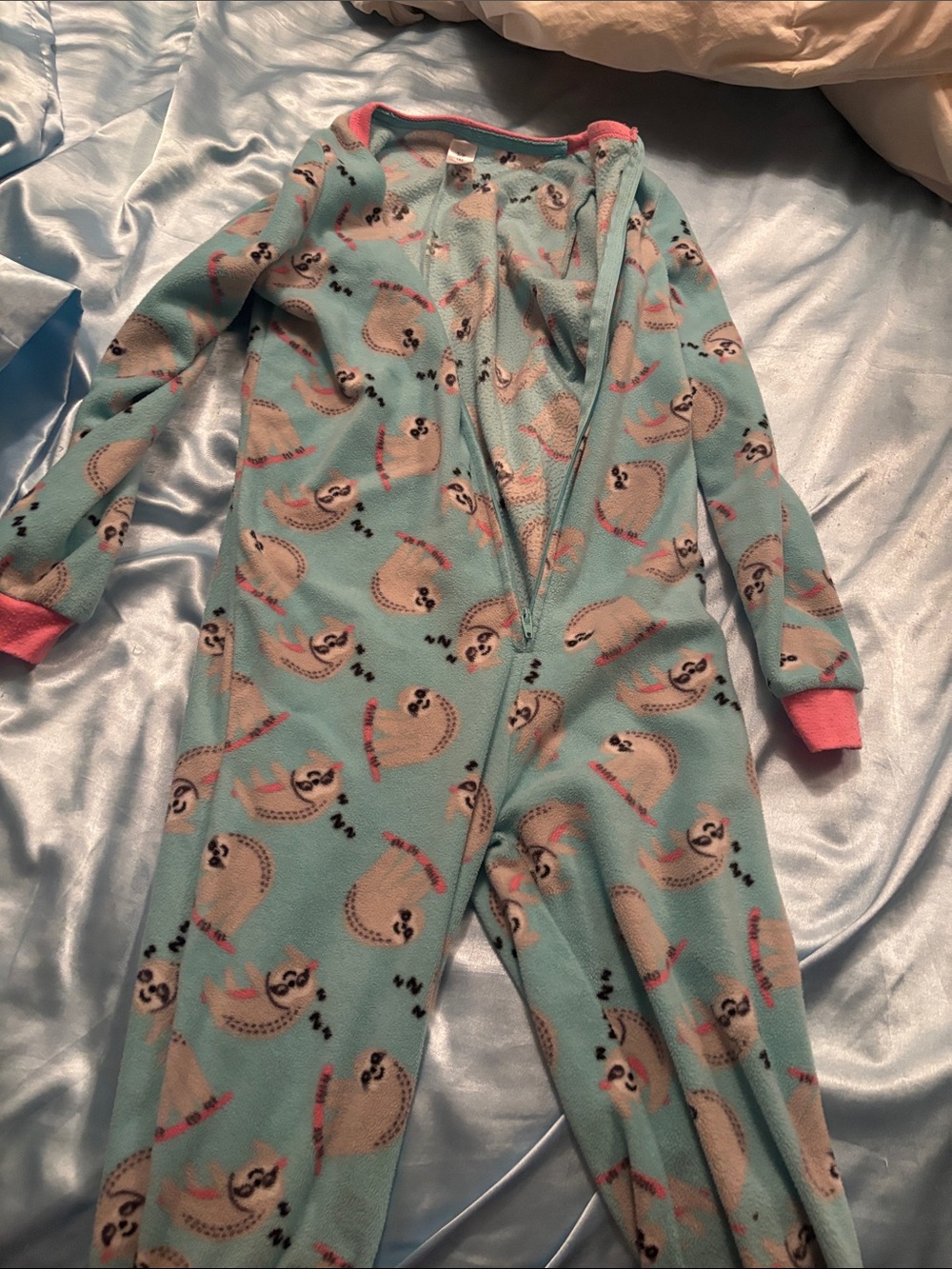 George Light Blue Sloth Fleece One-Piece Pajamas with Pink Trim